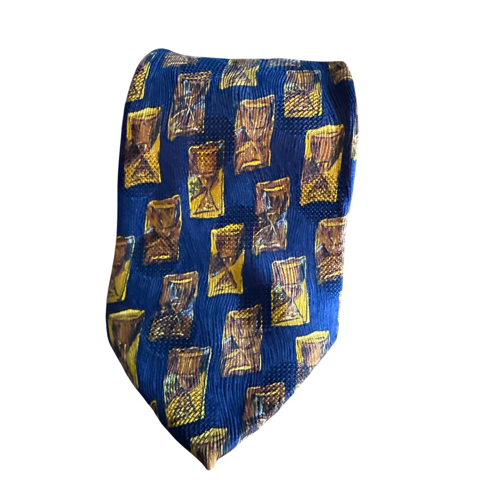 Ermenegildo Zegna Silk‎ Tie Hourglass Pattern Navy Gold Men's Necktie